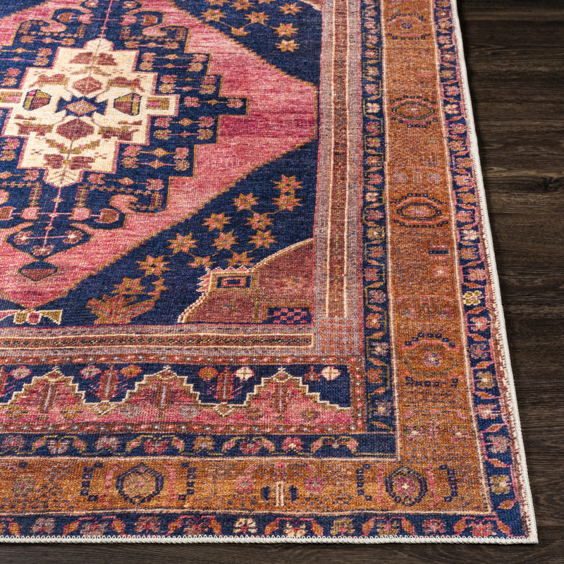Birch Lane™ Westlake Machine Washable Oriental Dark Blue/Rose Area Rug